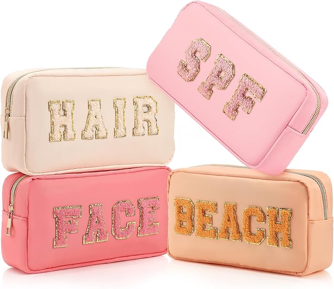Preppy Makeup Bags Chenille Letter Stuff Bag Nylon Cosmetic Pouch Cases with Zipper for Women Travel Toiletry (Resort Colors,Classic,4 Pcs) by Cunno
