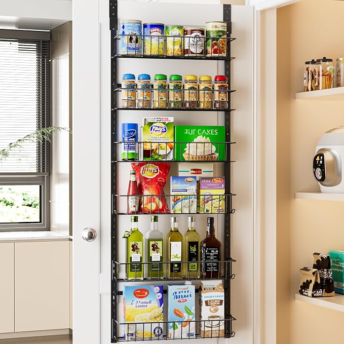 Delamu Adjustable Cabinet Door Organizer, 6 Tier Hanging Spice Rack | Metal Over the Door Pantry Organizer, Pantry Organizers and Storage Shelves for Kitchen Bathroom Laundry Room, Black by DELAMU