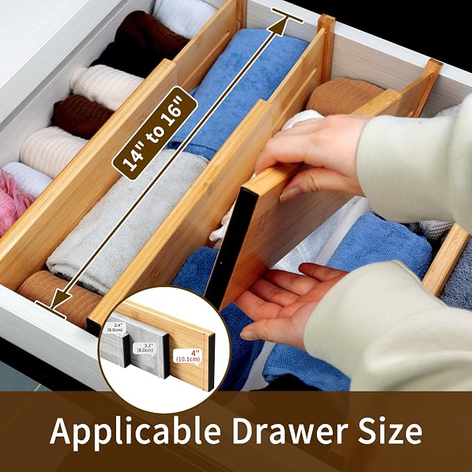 Utoplike Bamboo Drawer Organizer, 4" H Dresser Drawers Dividers for Clothes | Adjustable Drawers Organizers for Clothing, Silverware, in Kitchen, Bathroom, Bedroom Drawer, Fit 14"-16" Drawers - Image 2