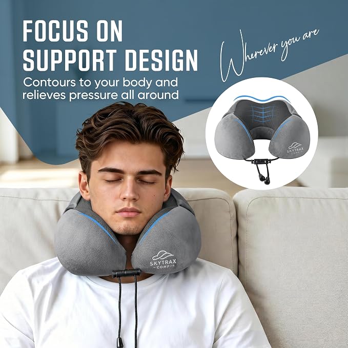SkytraxComf® Travel Neck Pillow with Hood for Privacy on Long Flights | Memory Foam | Airplane Sleep | Safety-Tested Materials | Extra Large Hood | Chin Support | Earplugs | Washable Cover - Image 5