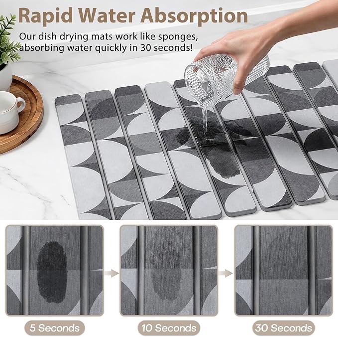 Large Stone Dish Drying Mat for Kitchen Counter, Quick Dry Diatomaceous Earth Dish Drying Pad, Foldable Water Absorbing Organizer Pad for Plates Bottles Utensils (Dark Gray Geometric 24"×16" & 8"×4") - Image 4