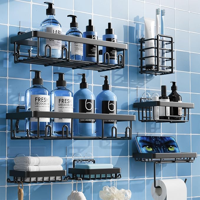 Shower Caddy 7 Pack, Adhesive Bathroom Shower Organizer for Bathroom Storage, No Drilling Large Capacity Rustproof Stainless Steel Shower Shelves Rack for Bath, Black by Yorshvil