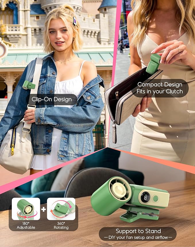 Clip-On Portable Fan for Strollers Travel, Rechargeable Turbo Personal Fan | Clip to Bag Strap Hat Stroller Shirt Desk Car Seats, Small 4 Speed 360° Rotate, Led Display, Turbo 13500RPM, Travel Essential - Image 6
