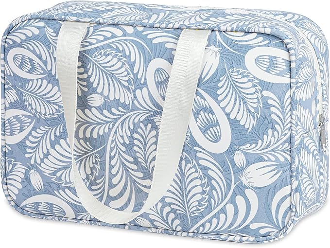 Narwey Full Size Toiletry Bag Women Large Cosmetic Bag Travel Makeup Bag Organizer Medicine Bag for Toiletries Essentials Accessories (Large, Blue Leaf) by Narwey