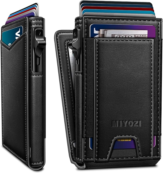 Wallet for Men, Slim Pop Up Card Holder - RFID Blocking Minimalist Bifold Wallet with ID Window, Holds 9-11 Cards & Stretchable Strap, Metal Flip Case with Magnetic Closure, Gift Box by Miyozi