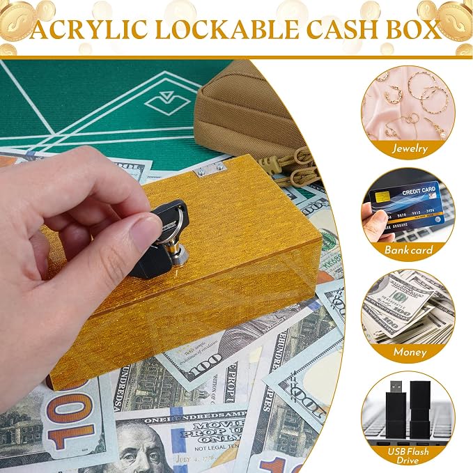 Acrylic Cash Box for Gambler 2 Pack Large and Small,Shimmering Gold Winners Bank with Keys, Slot, Storage Bag, Waist Bag, Portable Casino Money Organizer Safe Lock Box - Image 6