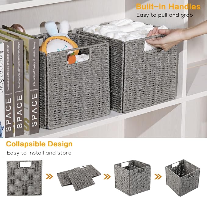 Storage Basket, Set of 2 Hand-Woven Paper Rope Wicker Baskets for Storage, Foldable Cube Storage Bins Organizer, 9 inch Medium Wicker Storage Baskets for Shelves Pantry Organizing Decor, Grey - Image 6
