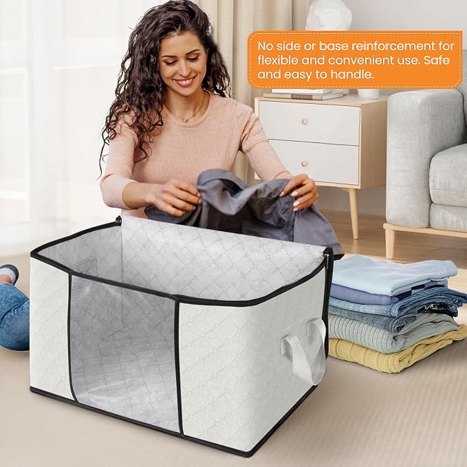 4 Pack Storage Bags for Clothes Blanket Storage Bins with Lids | Foldable Closet Organizers with Zippers,Window and Handles,Fabric Storage Bins for Sweater,Comforter,Bedding,Dorm essentials - Image 3