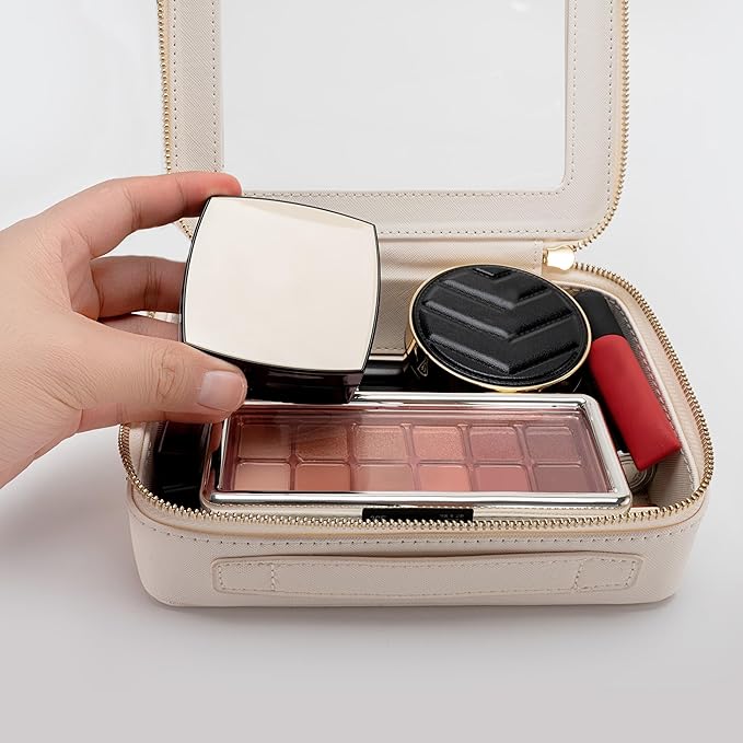 Aveniee Clear Makeup Bag Organizer Set,Portable Travel Toiletry Case for Women, Vegan Leather Cosmetic Pouch Car Bag for Essentials 2pcs,Middle & Large,Beige - Image 4
