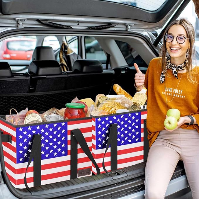 Patriotic Bags - Heavy Duty Reusable Grocery Bags with Hard Bottom & Long Handles, Foldable Reusable Shopping Bags with Box Shape to Stand Up, 3 Pack, Patriotic - Image 2