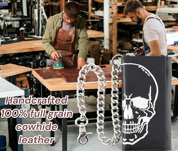 F&L CLASSIC RFID Blocking Mens Tri-fold Long Style Leather Steel Chain Wallet,black skull,212-50 - Image 4