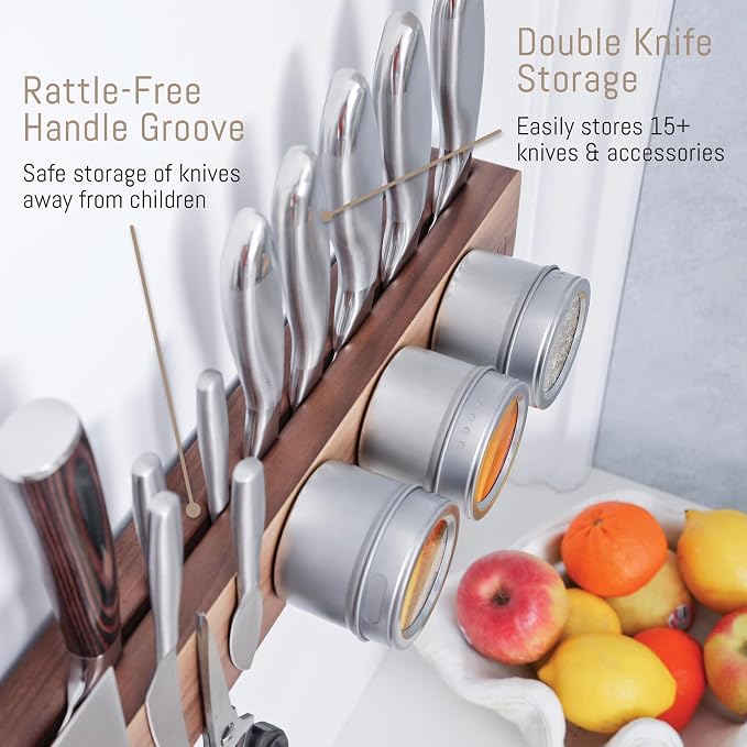 Walnut 16 inch Magnetic Knife Holder for Wall with 2x Storage & Charming Wood - Knife Magnetic Strip, Under Cabinet Magnet Knives Storage - Magnet Strip Rack Kitchen Utensil Holder Organizer Tool - Image 7