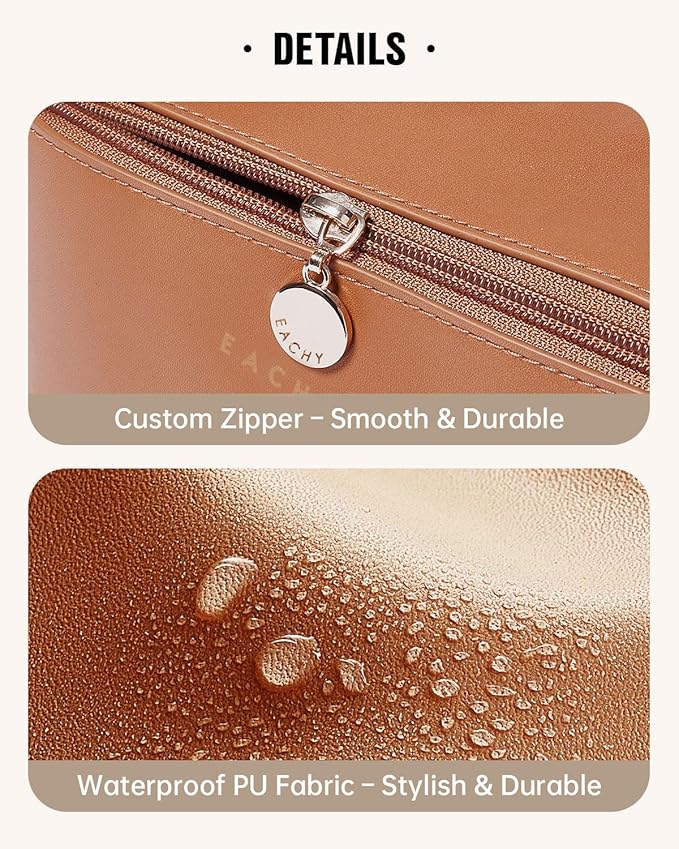 EACHY Travel Makeup Bag for Women, PU Leather Cosmetic Bag, Brown, Medium | Water-resistant PU leather exterior with flat-open access, clear TPU brush compartment and organized storage for cosmetics - Image 5