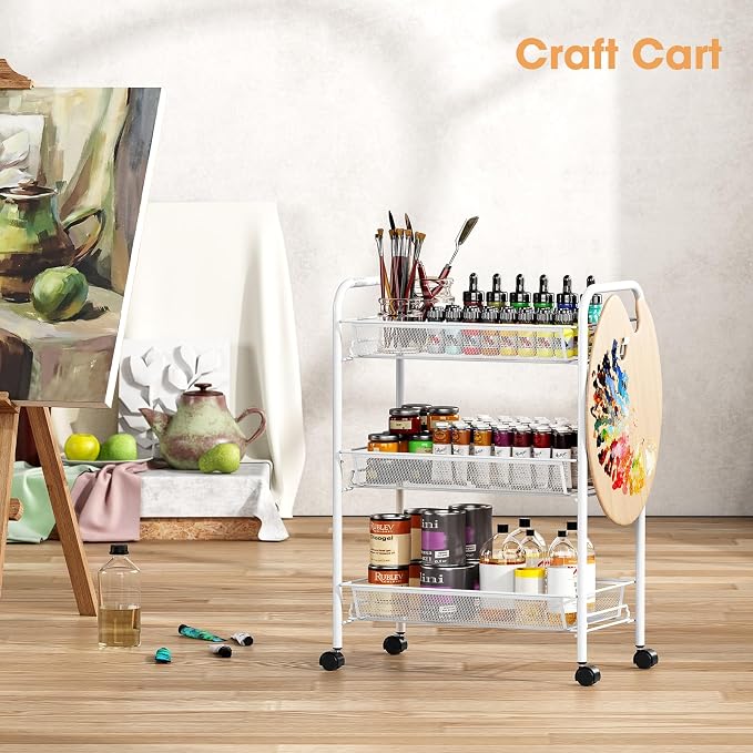 TOOLF 3 Tier Rolling Cart, Metal Utility Storage Cart with Wheels, White | 3 Hooks, Screwless Assembly, Trolley Organizer for Bathroom, Kitchen, Office, Nursery, Dorm, Laundry Room - Image 8