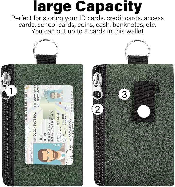 Minimalist RFID Blocking Wallet with 2 Zip Pockets and Lanyard, Water Resistant ID Case with Key Ring and Cards Badge Holder, Coin Purse Pouch for Men and Women Travel Sports -GREEN - Image 3