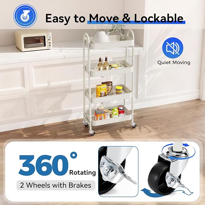 NEWBULIG 4-Tier Metal Rolling Storage Utility Cart with Lockable Wheels | Mobile Organizer Shelf, Space-Saving, Freestanding, Bathroom, Living Room, Slim, Narrow Corner Spaces, White - Image 3