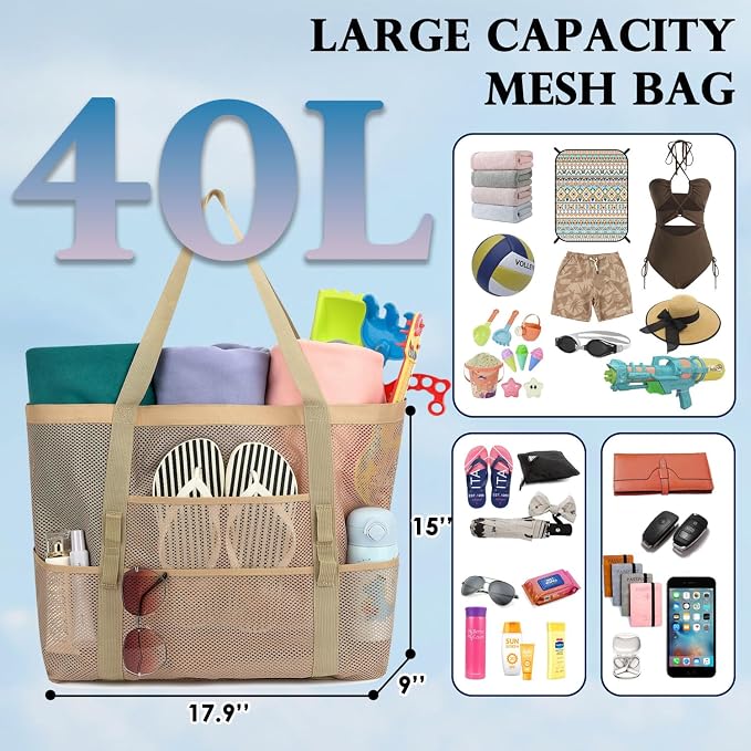 Fammart Mesh Beach Bag for Women, Large Beach Toy Pool Bag with Zipper Pocket, SandProof Cruise Essentials 2026 Family Travel - Image 5
