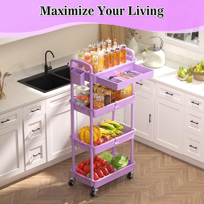 SUNALLY 4 Tier Rolling Cart with Drawer,Craft Storage Cart Organizer,Purple | Bathroom Storage Organizer with 2 Lockable Wheels, Rolling Utility Cart for Kitchen, Office, Baby, Makeup, Nail,Snack,Laundry - Image 2