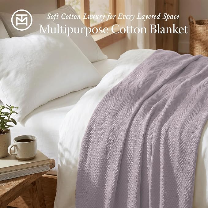Threadmill Cotton King Blanket, Herringbone, Lilac, All-Season, Breathable | 100% Cotton, Herringbone Pattern, 106x92 in, Breathable, Moisture-Wicking, All-Season, OEKO-TEX Certified, Machine Washable - Image 2