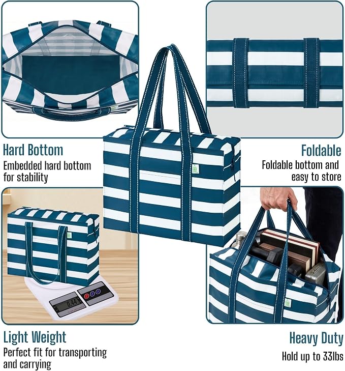 VENO 4 Pack Utility Tote Reusable Grocery Bags with Zipper & Hard Bottom | Heavy Duty Foldable Water-Resistant Shopping Bags for Summer Beach, Picnic & Travel Carry-on (Classic Navy Stripe, 4 Pack) - Image 8