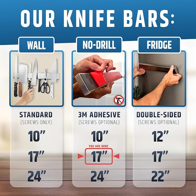 17" Strong Adhesive (No Drill) Magnetic Knife Holder for Wall - Professional Knife Strip - No Screws Needed - Adhesive Backing - Stainless Steel Knife Bar (Upgraded Version – Will Not Fall) - Image 2