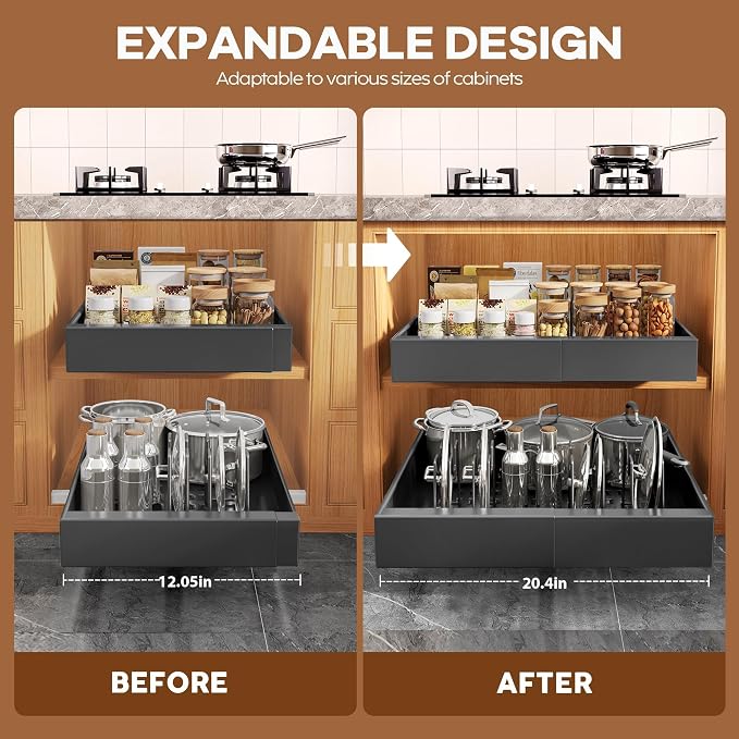 Seinloes 6Pack Expandable Pull Out Cabinet Organizer 21"Deep with Raising Pad for Framed Cabinets,Slide Out Drawers with 4pcs Divider Racks,Roll Out Shelves Adhesive,Adjustable Width 12.05"-20.4"Black - Image 3