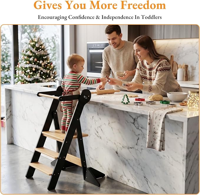 COSYLAND Toddler Standing Tower Foldable Toddler Kitchen Step Stool | Adjustable Height Folding Step Stool for Kids Learning, Cooking - Ages 18 Months-6 Years with Safety Net Natural & Charcoal - Image 2