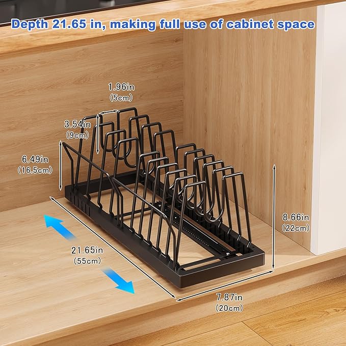 Mustorn 2 Pack Pots and Pans Organizer Under Cabinet, 21.6" Deep Pull Out Pot Lid Organizer Holder with Guardrail Adhesive Pot and Pan Holder Rack with 10 Adjustable Dividers(Black) - Image 6