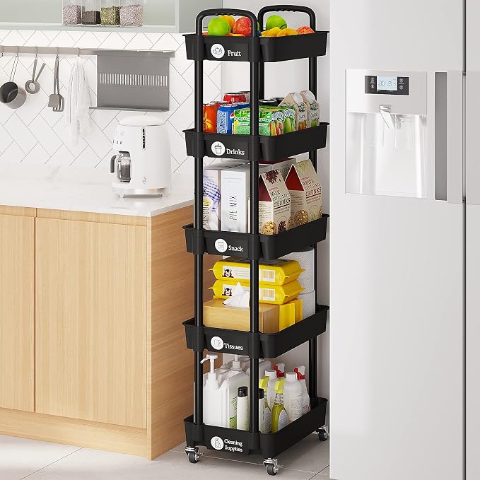 Laiensia Multifunction Utility Rolling Cart, 5-Tier Plastic & Metal Storage Organizer, Black, Lockable Wheels, Modern Style, Indoor Use - Image 6
