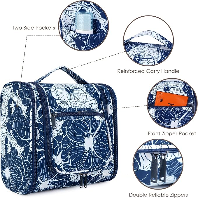 Narwey Hanging Toiletry Bag for Women Travel Makeup Bag Organizer Toiletries Bag for Cosmetics Essentials Accessories (Large, Blue Lotus) - Image 3