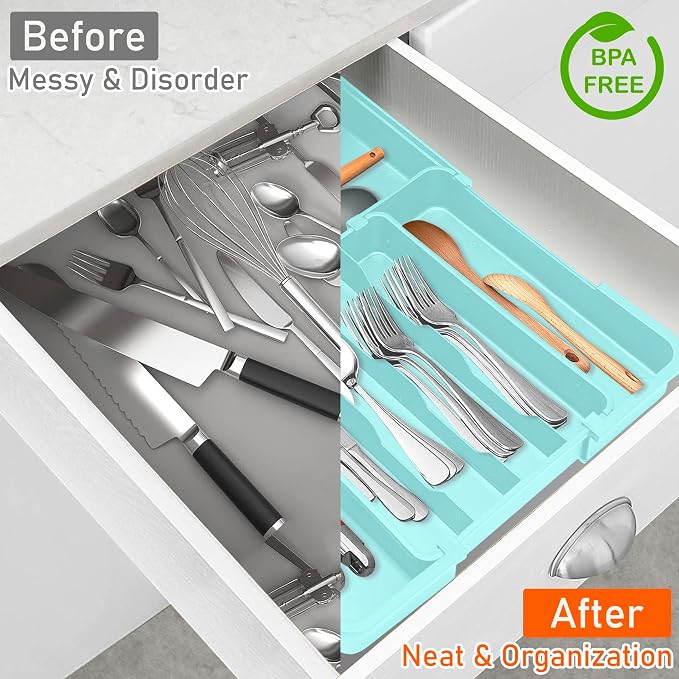 Silverware Organizer - Expandable Silverware Drawer Organizer Adjustable Drawer Organizer, Silverware Tray for Drawer15.2"x 19" Cutlery Drawer Organizer, Kitchen Organizers Storage, Turquoise - Image 5