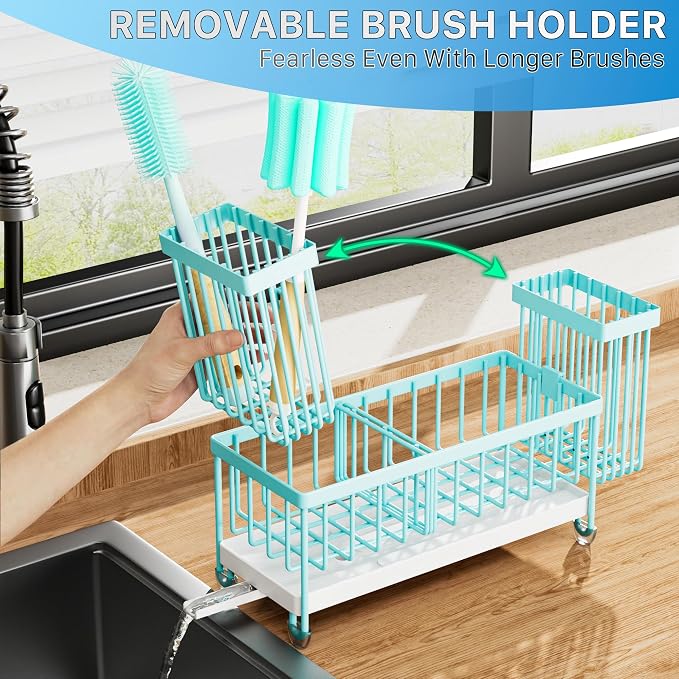 Cisily Sponge Holder for Kitchen Sink, Sink Caddy Organizer with High Brush Holder, Kitchen Countertop Organizers and Storage Essentials, Rustproof 304 Stainless Steel (Turquoise, 9.25″) - Image 4