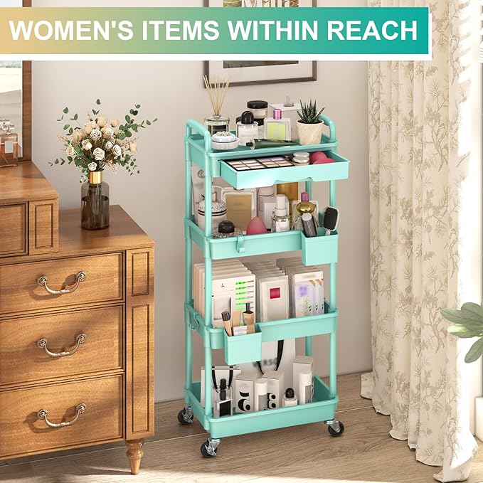 Goovilla 4 Tier Rolling Utility Cart Organizer with Removable Drawer, Blue | Stable and Sturdy Rolling Storage Carts with 2 Lockable Wheels for Bathroom, Kitchen, Snack, Craft, Makeup, Baby Essentials - Image 5