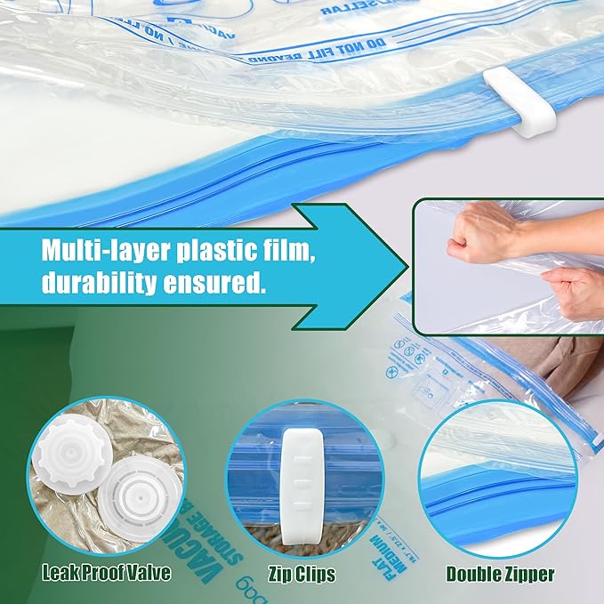 Vacuum Storage Bags, Vacuum Seal Bags for Clothing, 5 Jumbo 5 Large | Extra Large XL, Airtight Triple Seal, Save 80% Space, Hand Pump, Work with Vacuum, Double Zip, Reusable, Easy to Use - Image 7