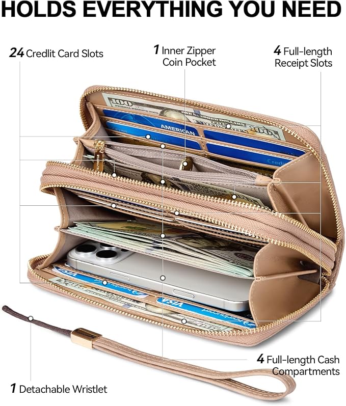 BOSTANTEN Wristlet Wallets for Women RFID Large Capacity Clutch Wallet | 24 Card Slots, 2 Zipper Pockets, Phone ＆ Card Holder, Zip Around, Hand Strap, Vegan Leather, Great Gifts - Image 2
