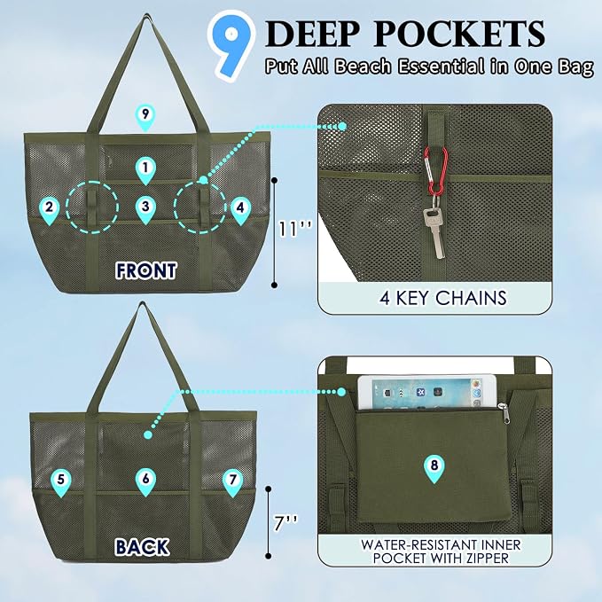 Fammart Mesh Beach Bag for Women, Large Beach Toy Pool Bag with Zipper Pocket, SandProof Cruise Essentials 2026 Family Travel - Image 4