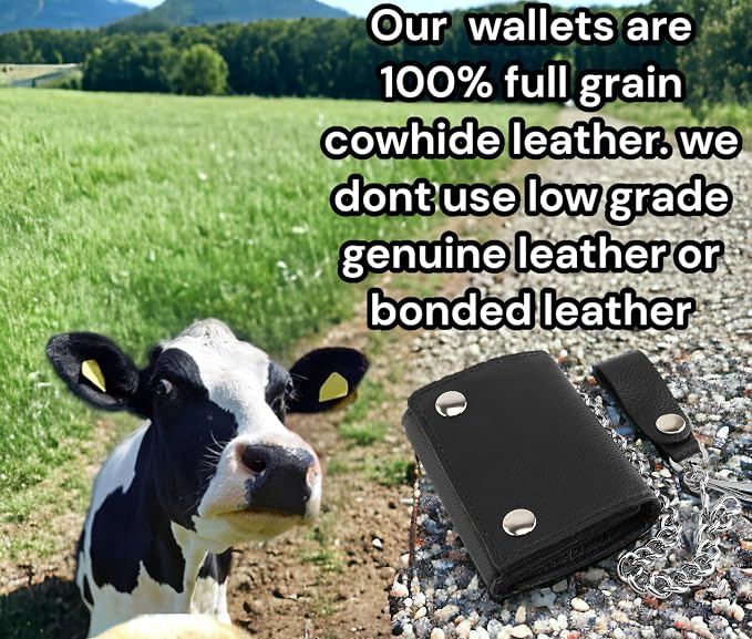 RFID Blocking Men's Tri-fold Vintage Biker Cowhide Leather Steel Chain Wallet,Snap closure, Made In USA,GL315,black - Image 5