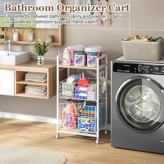 Hongtamoya 3 Tier Laundry Room Cart with Pull-Out Baskets, Storage Cart with Wheels, Rolling Cart with Wood Top Metal Bathroom Laundry Room Organization Mobile Shelf Unit Organizer Trolley, White - Image 5