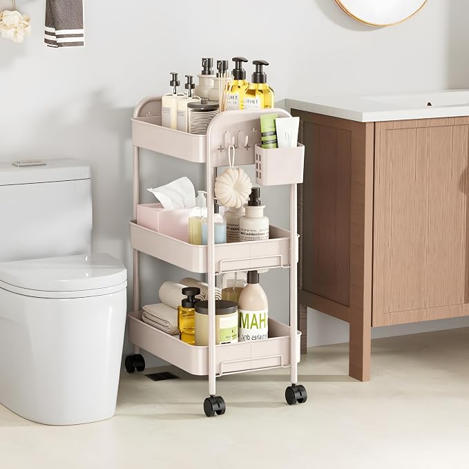 Heavy-Duty Rolling Cart 3 Tier Metal Utility Storage Cart | with Casters, Hooks & Hanging Cups, Rolling Storage Organizer for Kitchen Office Craft Snack Book - Image 4