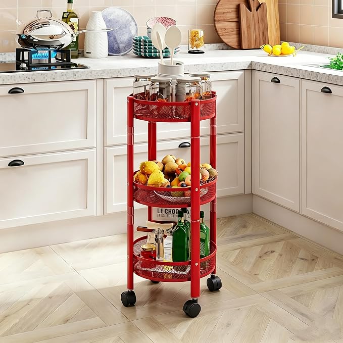 3-Tier Foldable Rolling Cart, Collapsible Metal Utility Cart with Wheels, Assembly-Free, Round Storage Organizer Trolley for Kitchen, Bathroom, Dorm, Nursery-Red - Image 2