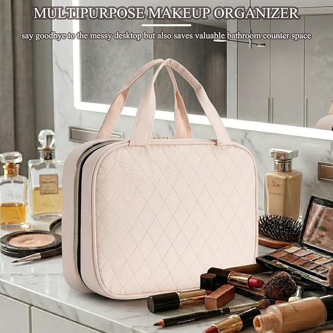 Travel Toiletry Bag for Women, Large Hanging Makeup Cosmetic Bag, Beige | Big Compartment but Portable, Water-resistant Makeup Organizer Bags for Accessories, Shampoo, Full-size Container, Toiletries - Image 2