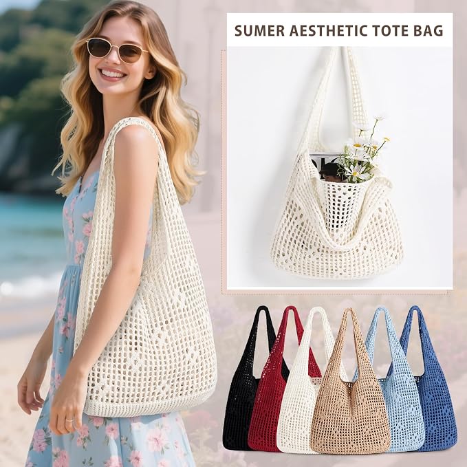 Sightor Crochet Tote Bag, Mesh Beach Bag Knit Summer Hobo Bag for Women | Beach Tote bag Vacation Outfits Aesthetic Boho Bag - Image 6