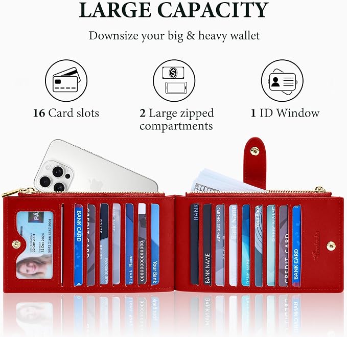 Travelambo Womens Leather Bifold Wallet, Slim RFID Blocking Card Holder | Large Capacity, 16 Card Slots & ID Window, 2 Zipper Pockets, Dual Snap Closure, Slim Lightweight, RFID Privacy Protection - Image 5