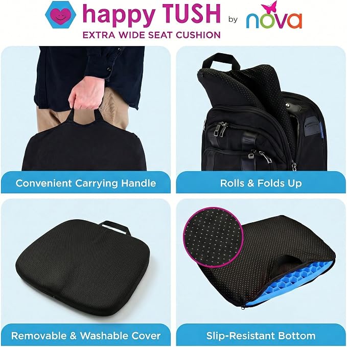 NOVA Happy Tush Extra Wide Gel Cell Seat Cushion, Double-Layer Pressure-Relief Gel, Foldable & Portable, Water-Resistant, Washable Non-Slip Cover, Home, Office & Travel - Image 5