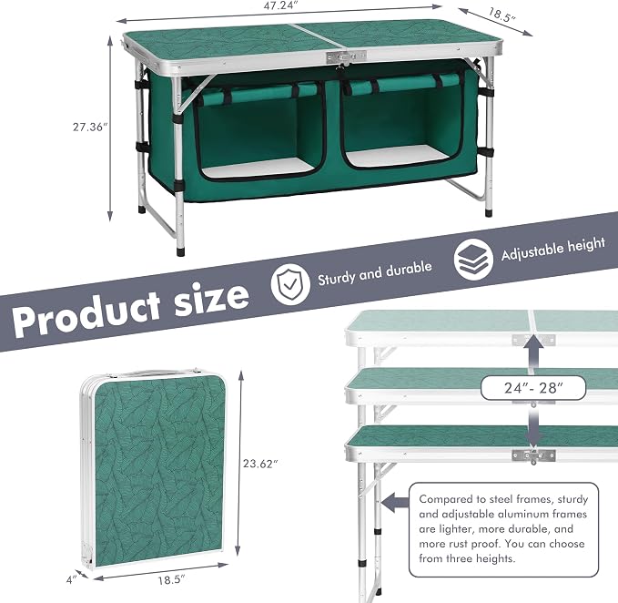 Camp Field Camping Folding Aluminum Table with Adjustable Legs for Outdoor Travel Beach, Backyards, BBQ, Party and Picnic Foldable Table - Image 2