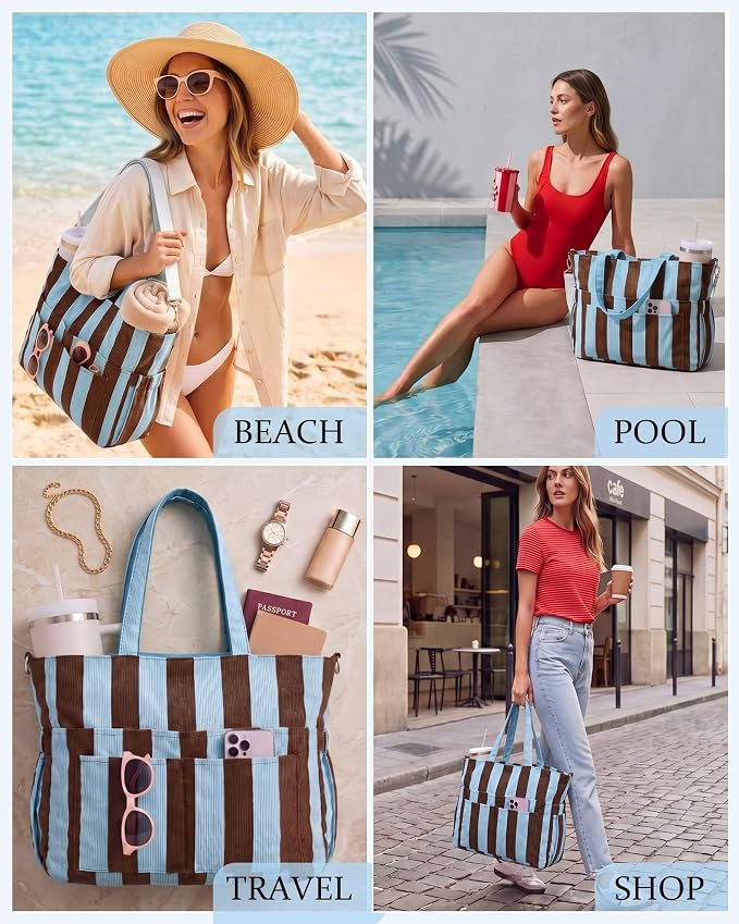 Kacctyen Striped Beach Tote Bag for Women Large Beach Foldable Tote Bag with Zipper Pockets for Travel Pool - Image 5