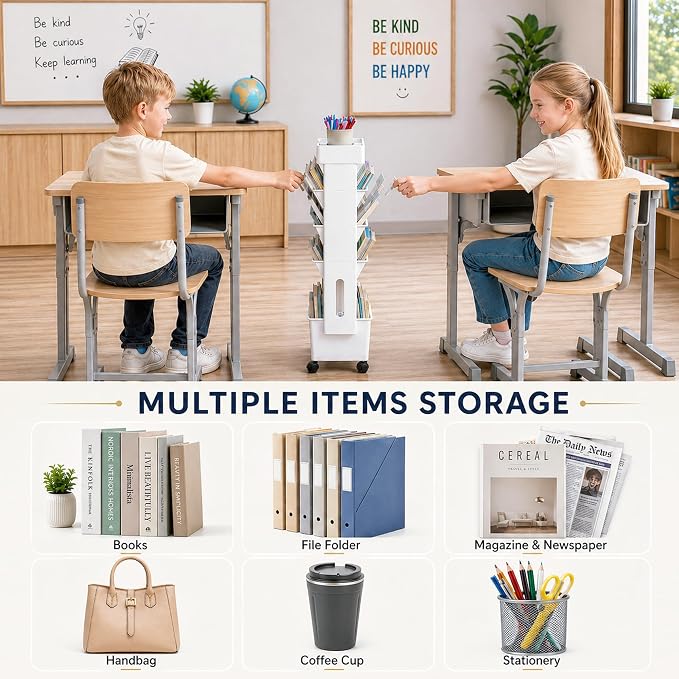 BYFU 5-Tier Movable Bookshelf Cart, Rolling File Paper Storage Organizer Mobile Bookcase with Wheels for Home Office Study Classroom, White - Image 5