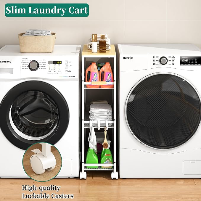 4-Tier Slim Utility Rolling Laundry Cart with Wheels, Easy to Assemble | 9.1" Wide for Narrow Spaces, Wood Top with Metal Frame, Mobile Storage Shelves for Bathroom, Kitchen, Office - Image 3