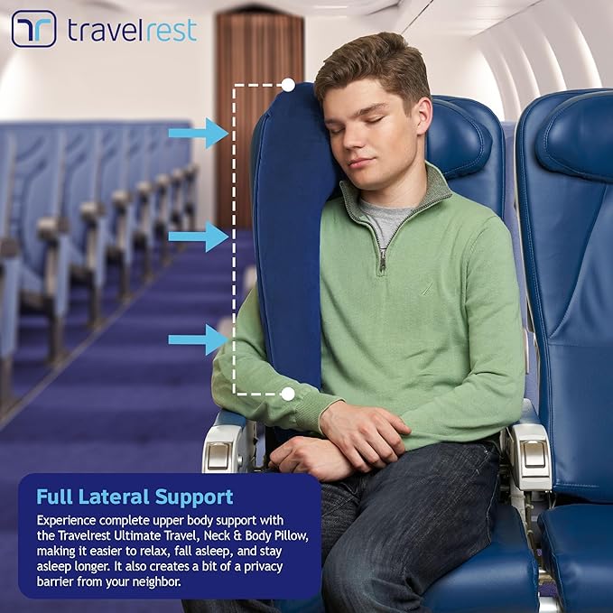 TRAVELREST Ultimate Travel Pillow & Body Pillow - Headrest, Auto, Bus, Train, Office Napping, Camping, Wheelchairs, Comfort and Support, Rolls Up, Straps to Airplane Seat & Car - Blue | Inflatable Travel Essential, Upper Compact Support, Sleeping Acces... - Image 5