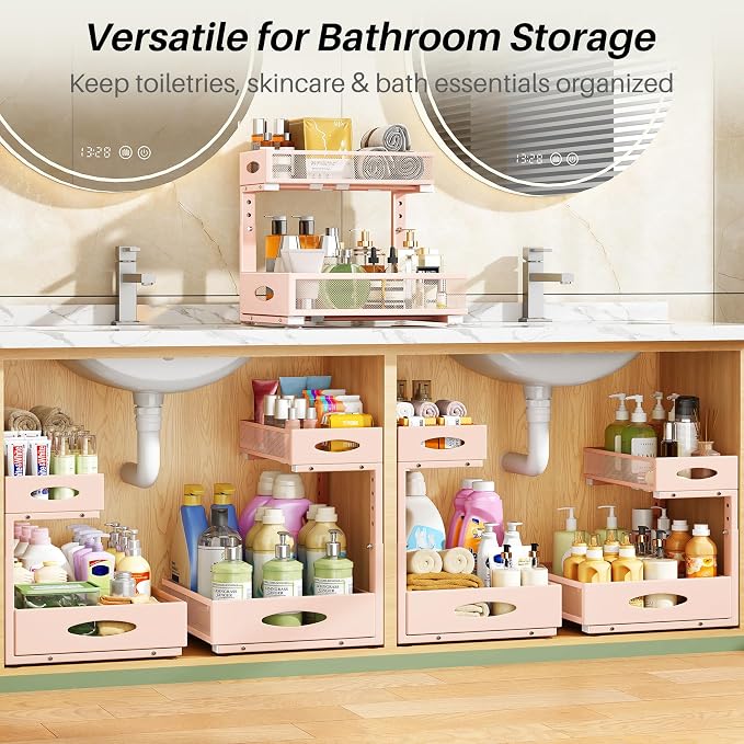 Under Sink Organizer, 2-Pack Pull Out Cabinet Organizer 2 Tier Metal Slide Out Storage Shelf Rack, L-Shaped Adjustable Height,Mesh Sliding Drawer for Kitchen, Bathroom, Laundry, Pantry, Pink, XL - Image 8